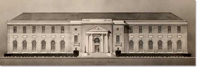 Competition drawing for the HBS library by Parker, Thomas & Rice, 1924.