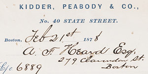 Kidder, Peabody & Co. Receipt, February 21, 1878. Heard Family Business Records. Harvard Business School.