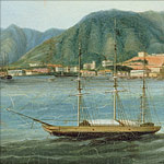 Background: Harbour at Hong Kong, c.1830-40 (oil on canvas), Lam Qua (fl.1825-60) (attr. to) / © Massachusetts Historical Society, Boston, MA, USA / The Bridgeman Art Library.