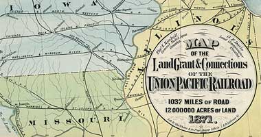 Hand-painted map of Union Pacific route, 1871. Papers relating to the Ames Family and Union Pacific Railroad, Baker Library Historical Collections.