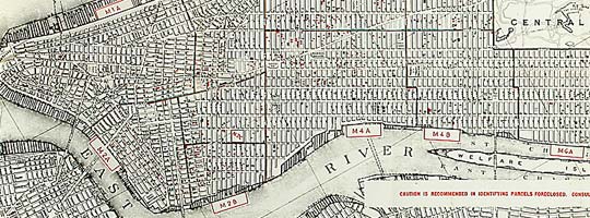 Map of foreclosures in Manhattan, March 18, 1933. Real Estate Record and Builders Guide. Metropolitan edition. Collection of the New-York Historical Society, #81891d.
