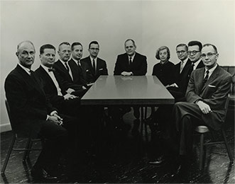 Digital Equipment Corporation's first Board of Directors. From left to right: Harry Hoagland, Jack Barnard, Jay Forrester, Bill Congleton, Harlan Anderson, Ken Olsen, Dorothy Rowe, Vernon Alden, Arnaud de Vitry, Wayne Brobeck. Courtesy of the Computer History Museum. CHM Image #: 102631224