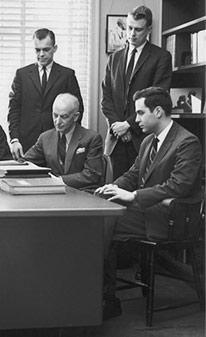 Georges F. Doriot with project team, 1963. HBS Archives Photograph Collection: Faculty and Staff. HBS Archives, Baker Library, Harvard Business School. olvwork640149