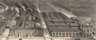 Baldwin Locomotive Works. Bird's Eye View.  Baldwin Locomotive Works: Illustrated Catalogue of Locomotives. Philadelphia: Lippincott, [1871?]. Trade Catalog Collection, Baker Library Historical Collections.