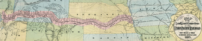 Chas. Shober & Co. Map of the Land Grant and Connections of the Union Pacific Railroad. Chicago Lith. Co., 1871. Papers relating to the Ames Family and the Union Pacific Railroad, Baker Library Historical Collections.