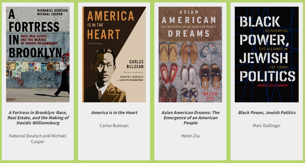 Four book covers from Harvard Libraries that are about Jewish American or AAPI culture