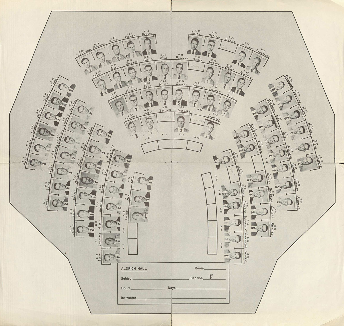 Seating chart for Aldrich Hall classroom with each student represented by black and white headshots.