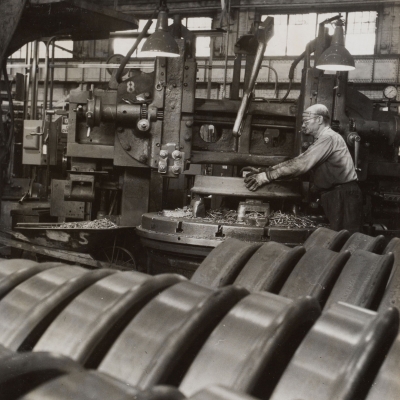 Turning tread of railroad car wheel--Gary Works