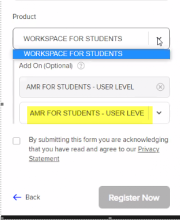 Workspace for Students - AMR Registration