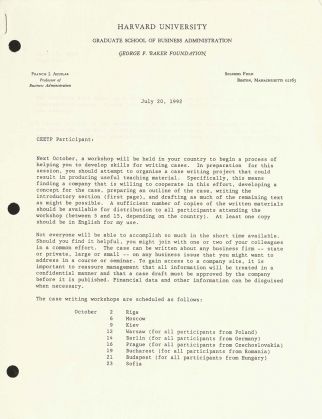 Letter to Central and Eastern European Teachers Program participants, July 20, 1992. Francis J. Aguilar Papers (GA 2.25).