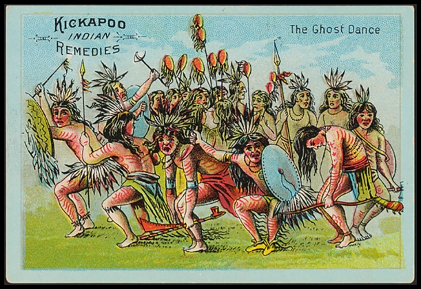 The Ghost Dance. Kickapoo Indian Medicine Co. Trade Card (recto).