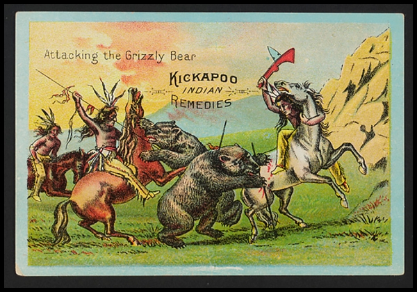 Attacking the Grizzly Bear. Kickapoo Indian Medicine Co. Trade Card.