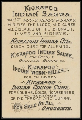 The Ghost Dance. Kickapoo Indian Medicine Co. Trade Card (verso).