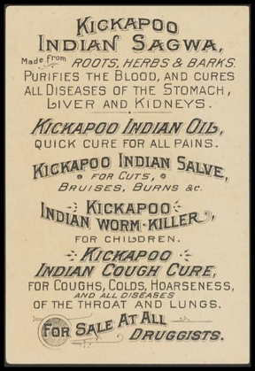 The Ghost Dance. Kickapoo Indian Medicine Co. Trade Card (verso).