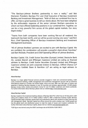 Barclays Group. Press Release, September 22, 2008. Barclays Group Archives - 2.