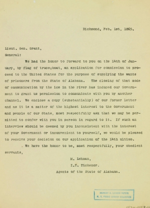 Letter from Mayer Lehman to Lieutenant General Grant, February 1, 1865. Herbert H. Lehman Papers, Special Correspondence Files, Columbia University Library.