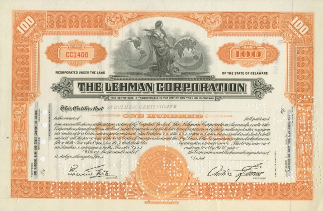 Lehman Corporation Stock Certificate, 1929. New York Stock Exchange Archives.