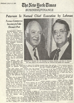 Vartan, Vartanig G. Peterson Is Named Chief Executive by Lehman: Former Commerce Secretery to Take Ehrman's Post. The New York Times, July 27, 1973. Lehman Brothers Records, Baker Library, Harvard Business School.