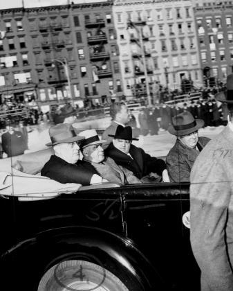 Franklin D. Roosevelt, Governor Herbert Lehman, and Mayor Fiorello LaGuardia on an election campaign tour, 1940. International Garment Workers' Union Photographs, Kheel Center, Cornell University.